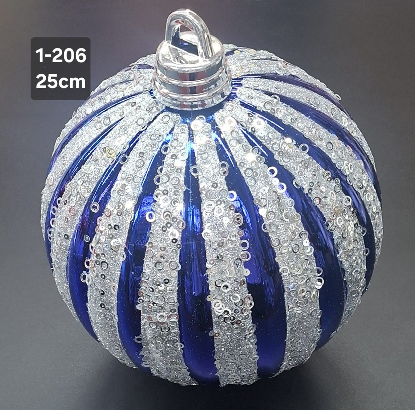 Glob de Crăciun Uriaș, Albastru Regal Lucios cu Dungi Argintii, Sclipici și Paiete - 25cm